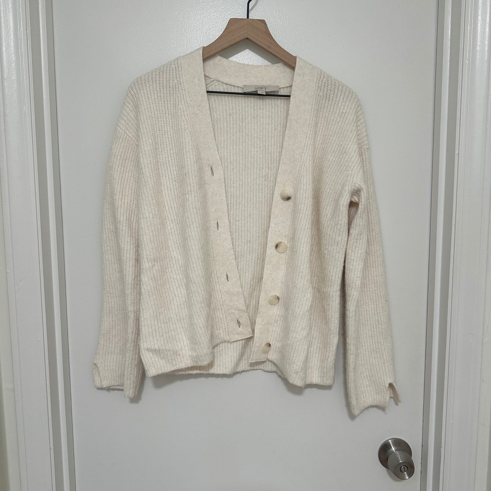 LOFT | Women's Cream Knit Button Front Ribbed Long‎ Sleeve Cardigan Sweater, S